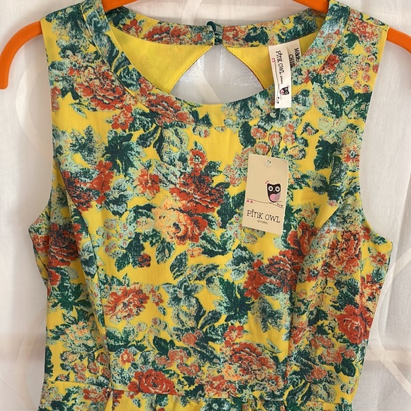 Pink Owl Yellow Floral Print Dress, Small - Picture 2 of 8